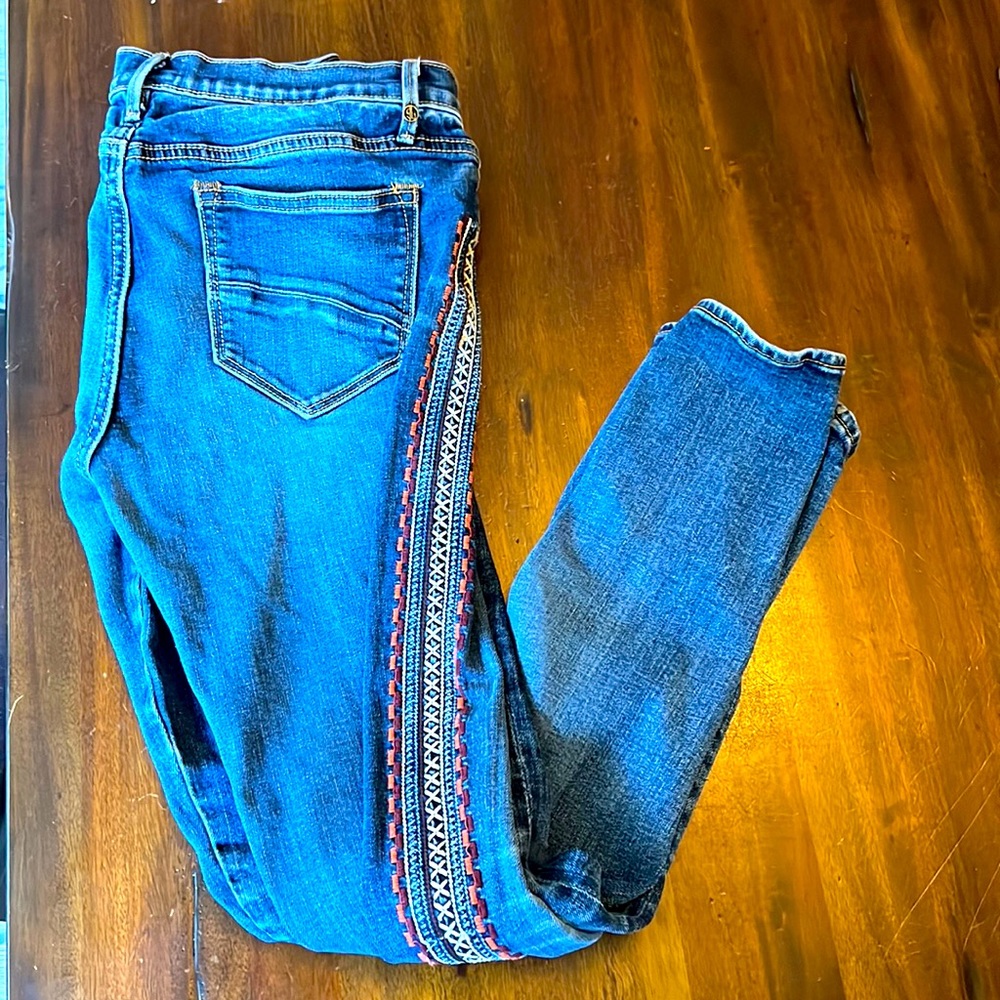 DRIFTWOOD Blue Straight Leg Jeans with Embroidered Side Trim
